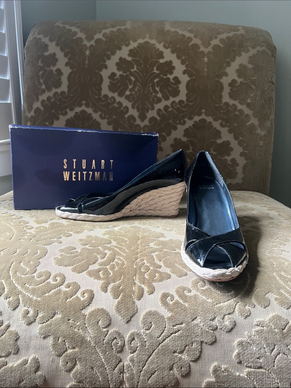 Stuart Weitzman Black Patent Peep-Toe Espadrille Wedges with Braided Jute Heel